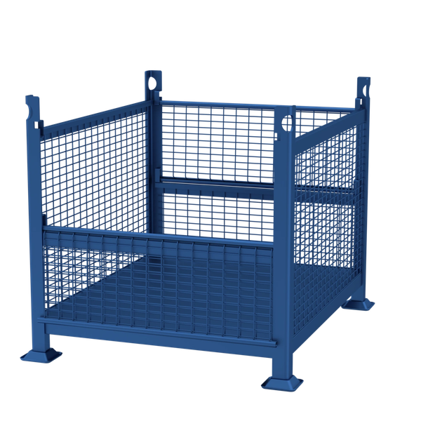Blue industrial steel storage cage forklift pallet bin